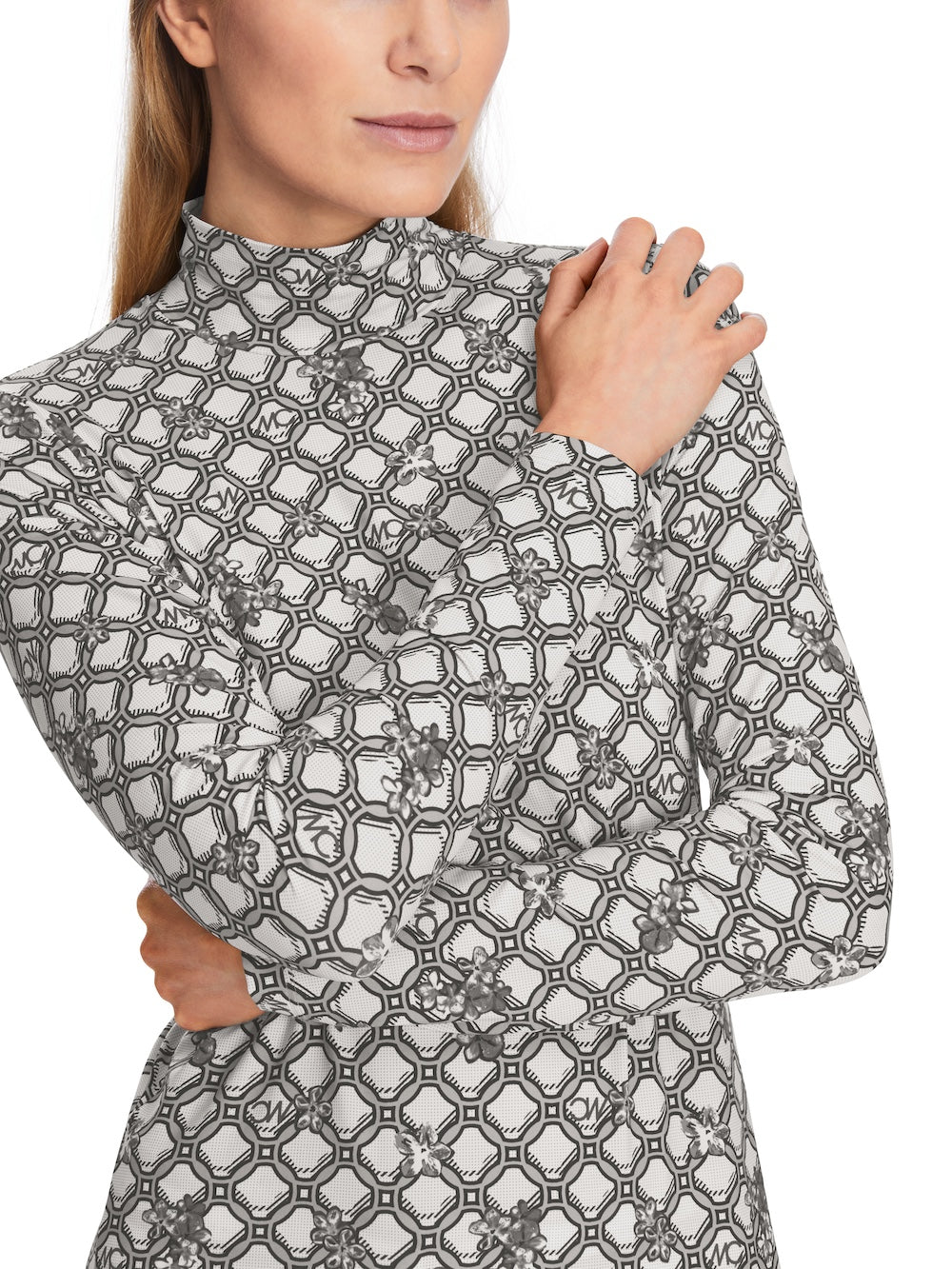 Silver Grey MC Big Circles Print Polo Neck Top