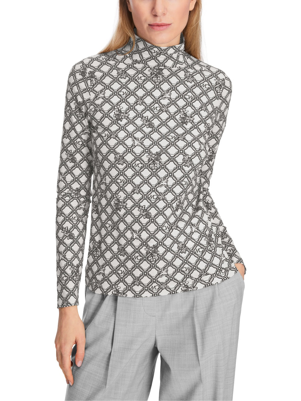 Silver Grey MC Big Circles Print Polo Neck Top