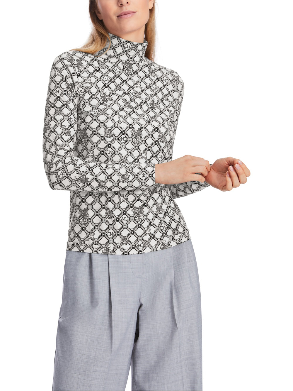 Silver Grey MC Big Circles Print Polo Neck Top