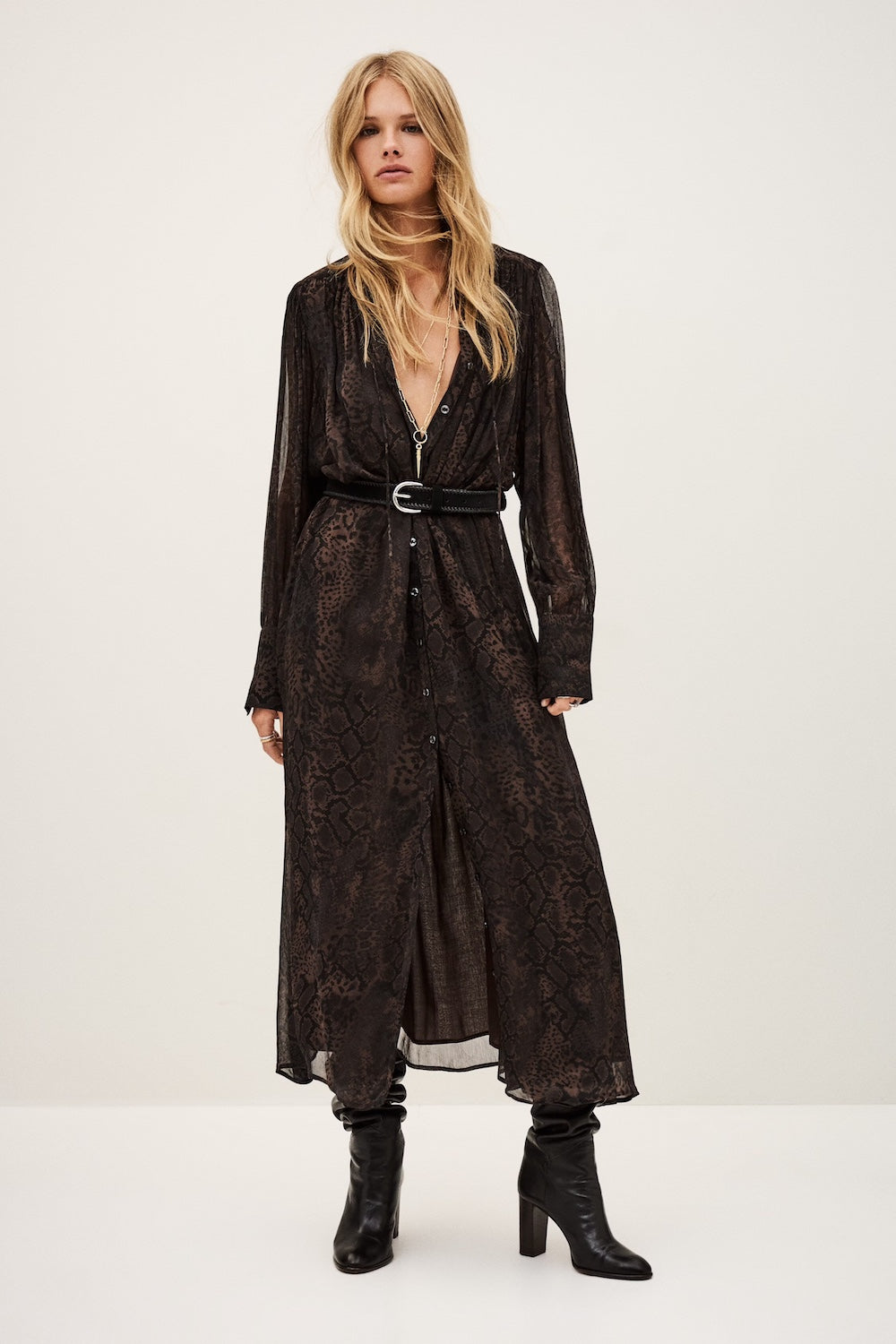 Marron Sahara Snake Print Midi Dress