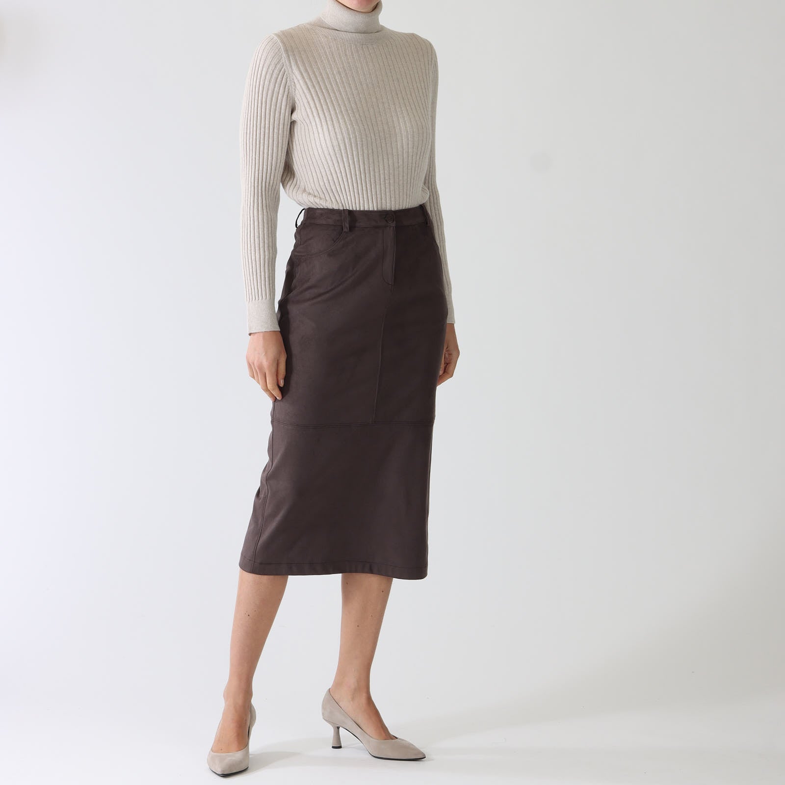 Marrone Faux Suede Midi Skirt