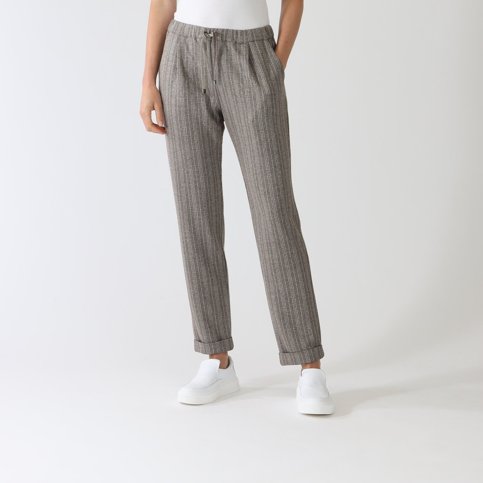 Marrone Striped Herringbone Turn-Up Pants