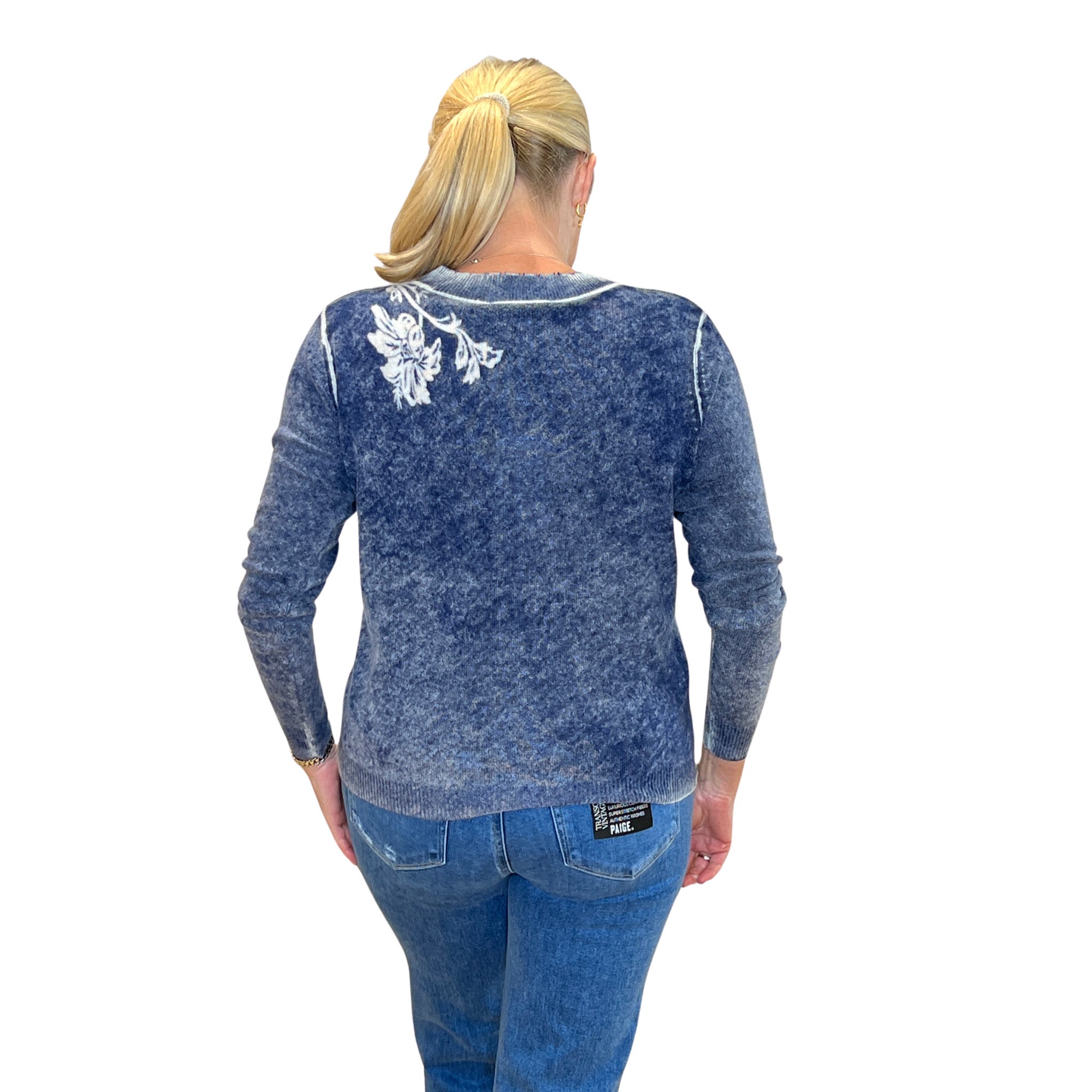Navy Blue Combo Inked Floral Cashmere Sweater