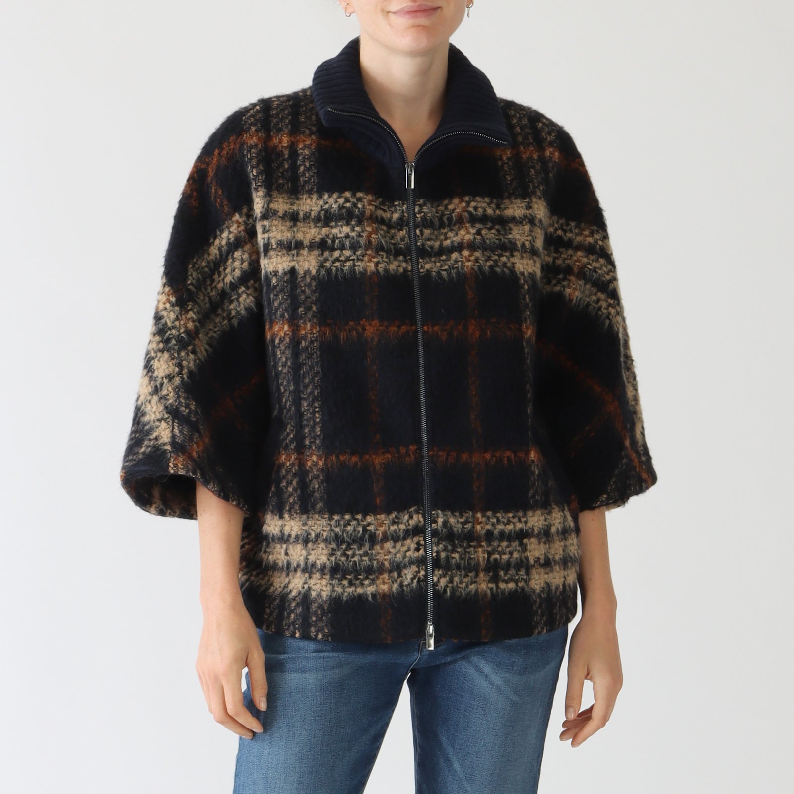 Navy Check Kimono Zipped Coat