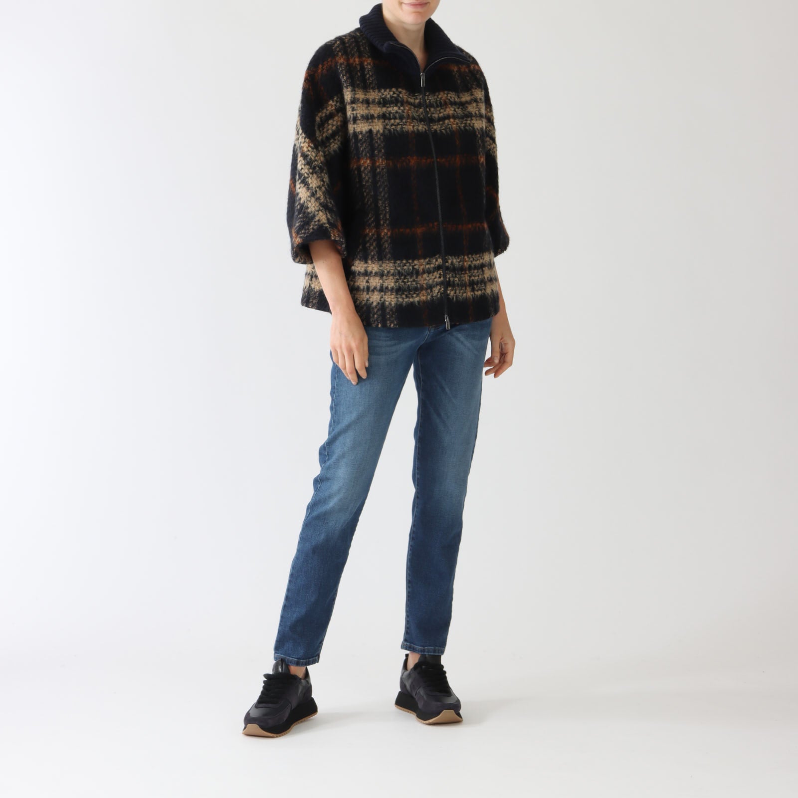 Navy Check Kimono Zipped Coat