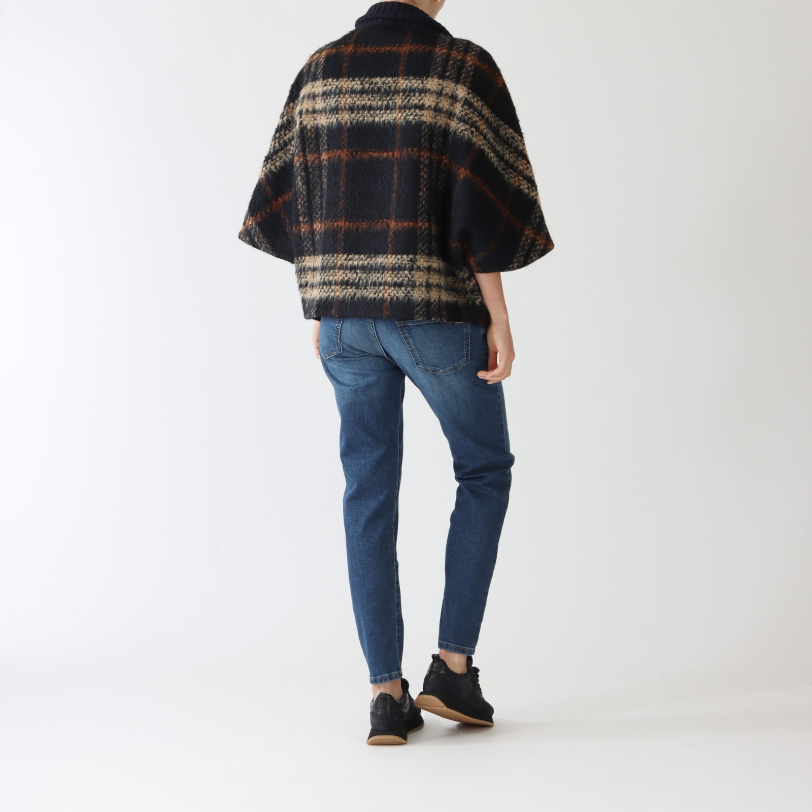 Navy Check Kimono Zipped Coat