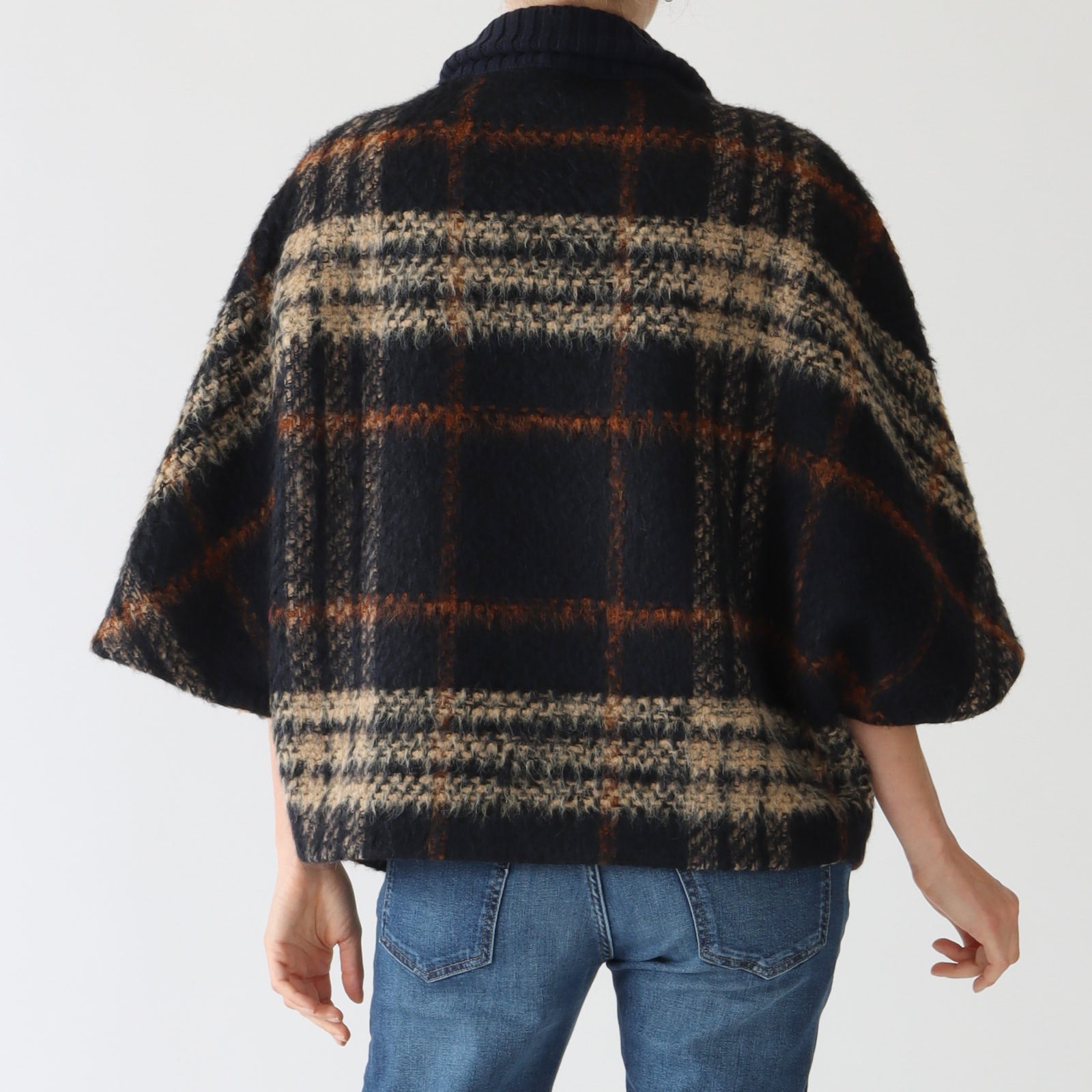 Navy Check Kimono Zipped Coat