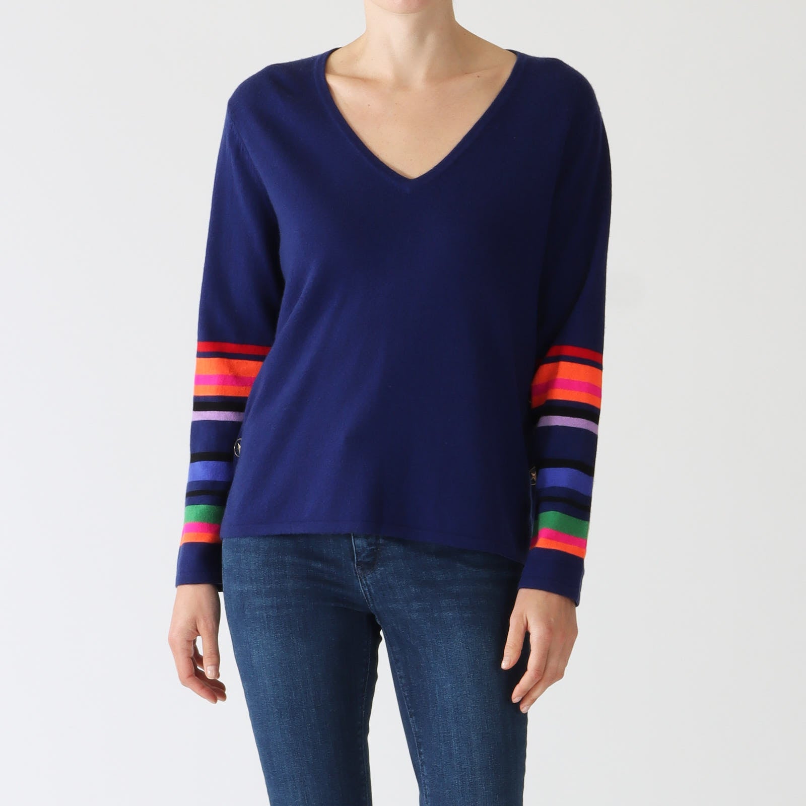 Navy V-Neck Sweater With Multi Striped Sleeves