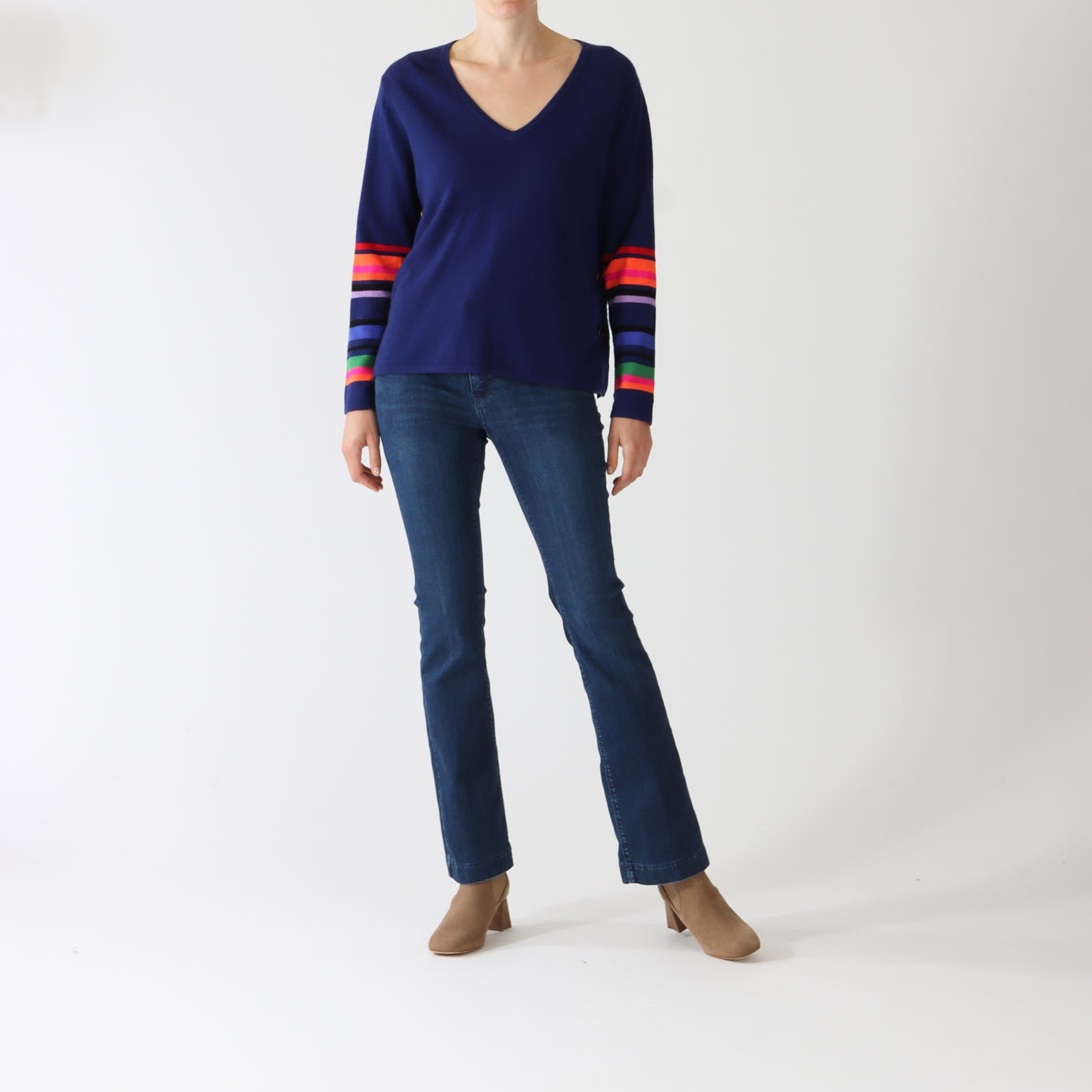 Navy V-Neck Sweater With Multi Striped Sleeves