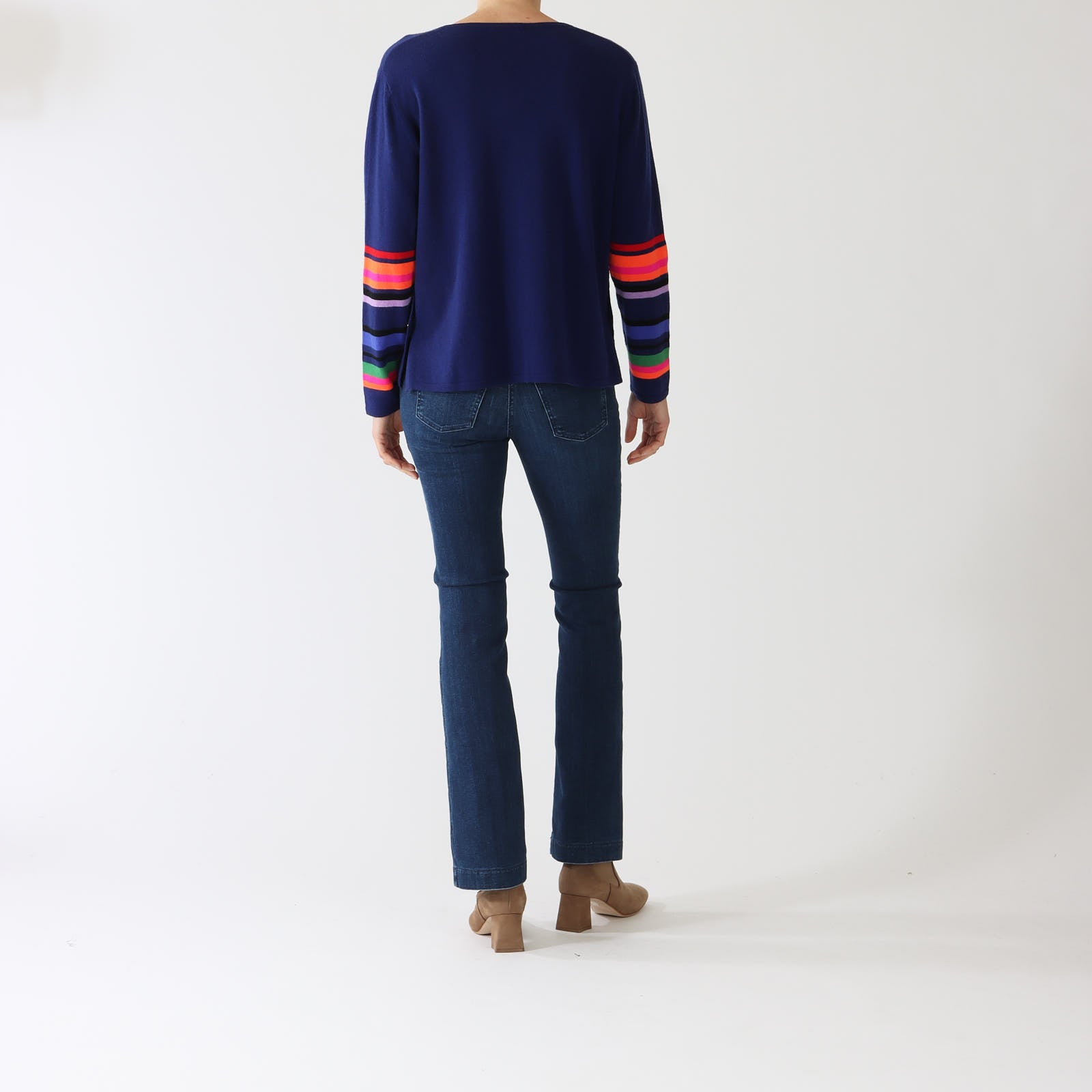 Navy V-Neck Sweater With Multi Striped Sleeves