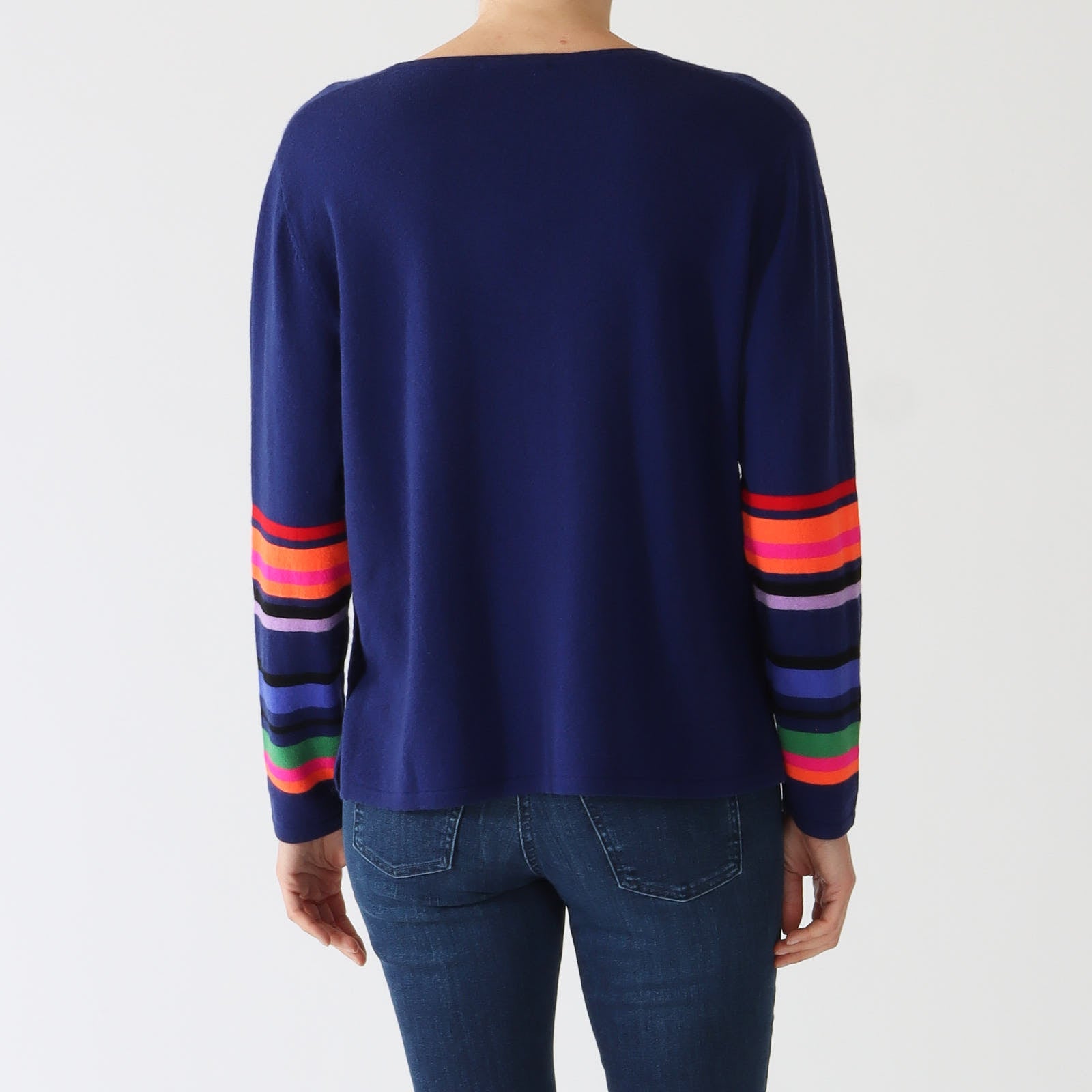 Navy V-Neck Sweater With Multi Striped Sleeves