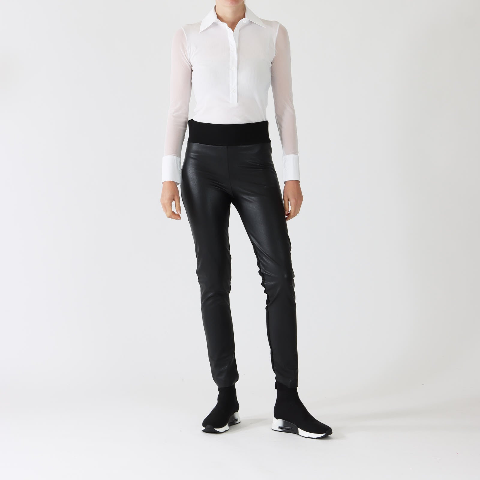 Nero Faux Leather & Jersey Slim Leg Pants