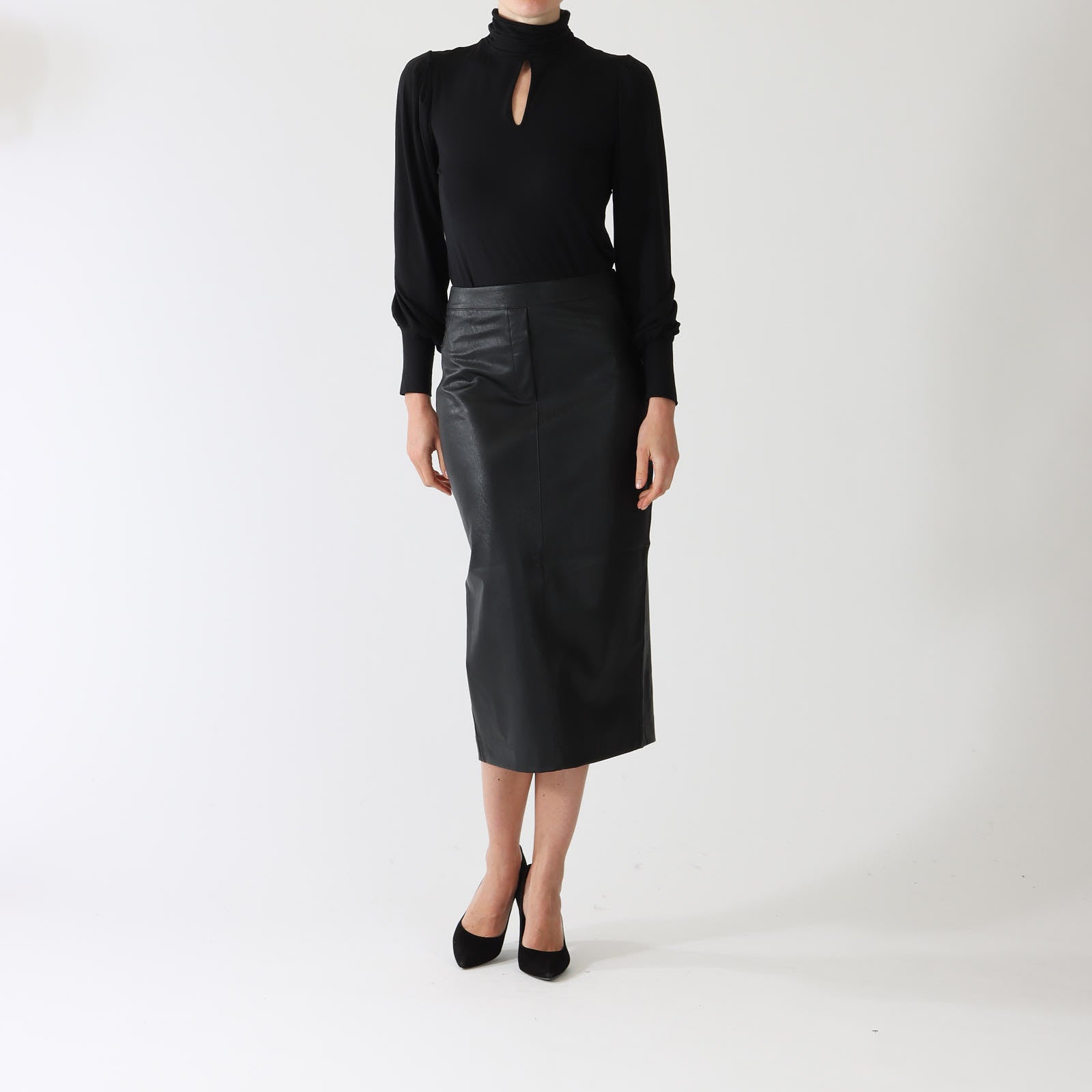 Nero Faux Leather Pencil Midi Skirt