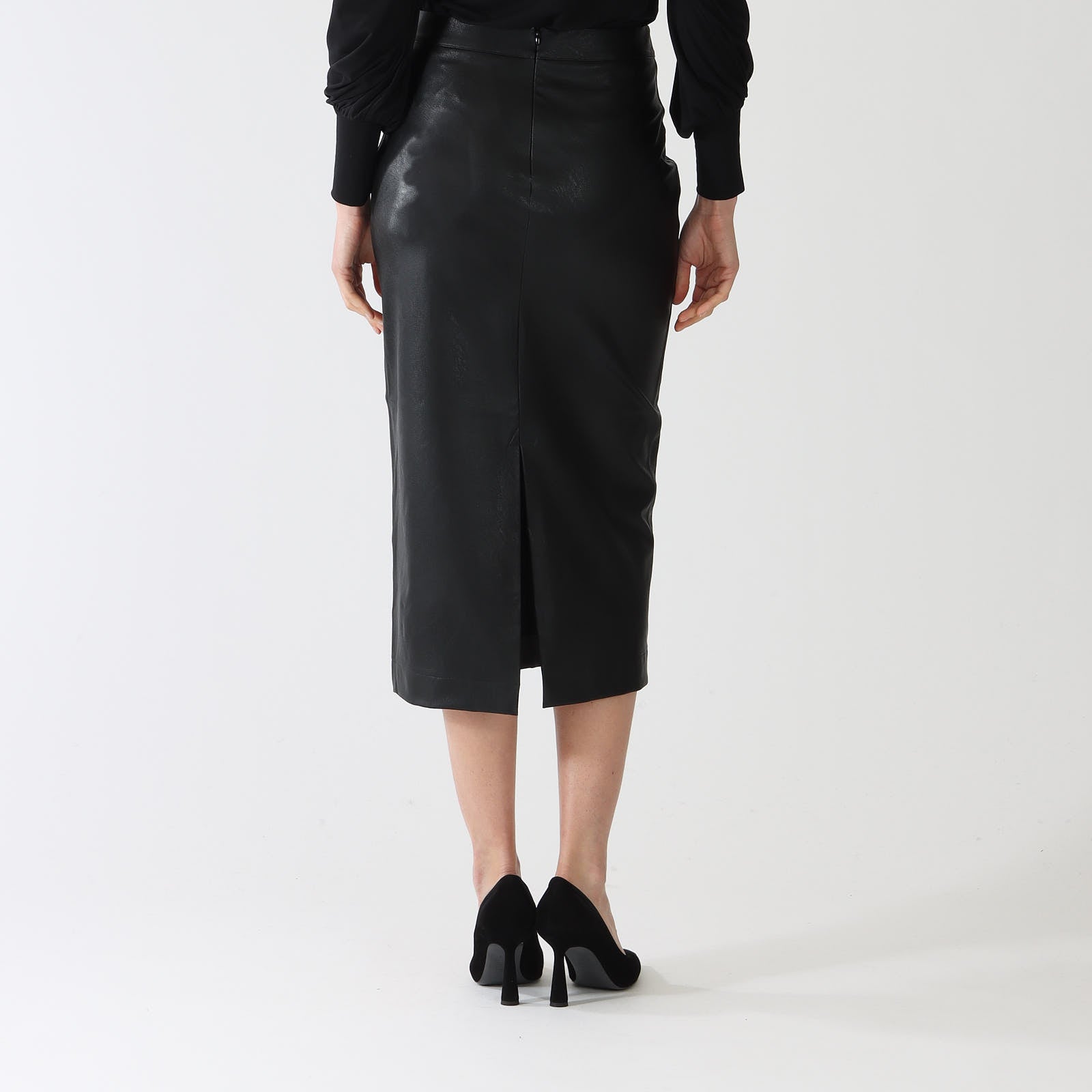 Nero Faux Leather Pencil Midi Skirt