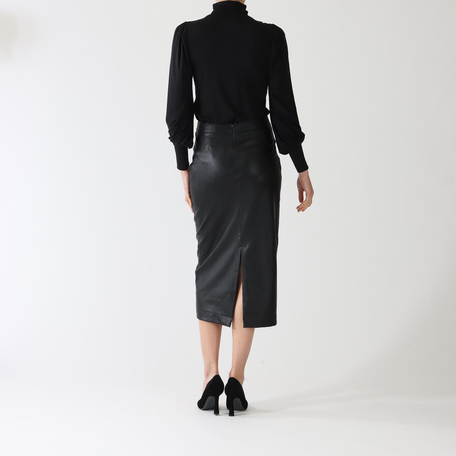 Nero Faux Leather Pencil Midi Skirt