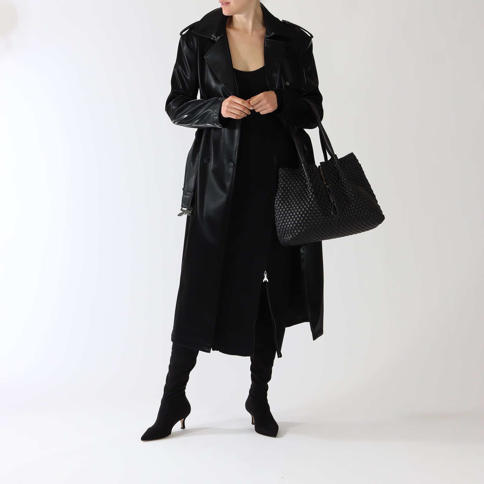 Nero Faux Leather Trench Coat