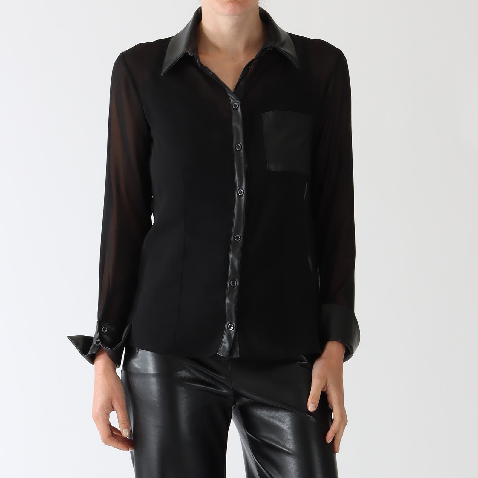 Nero Sheer Shirt With Faux Leather Trims