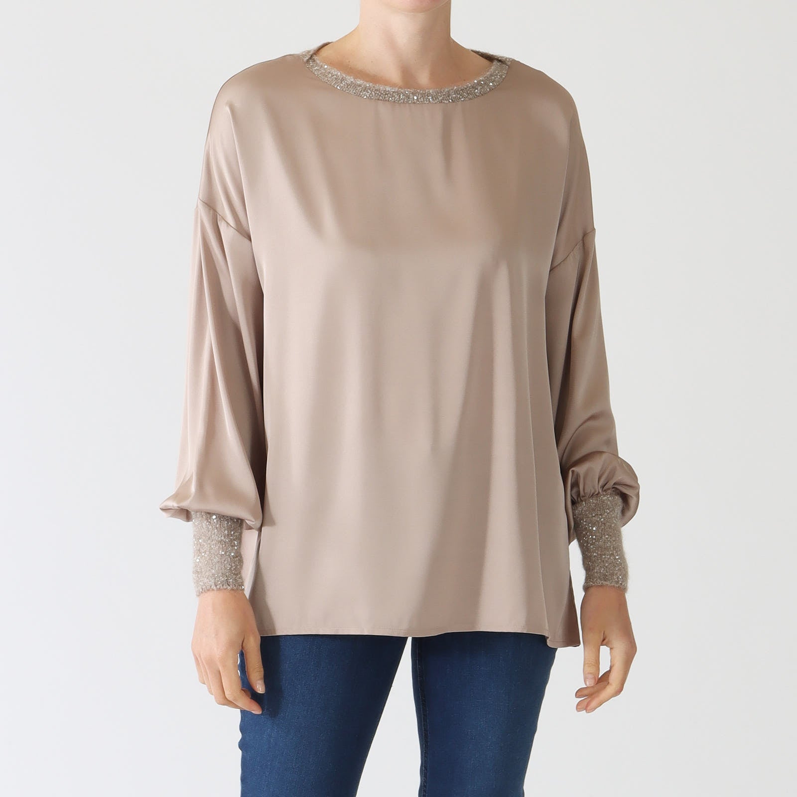 Nocciola Satin Top With Knit Lurex Accents