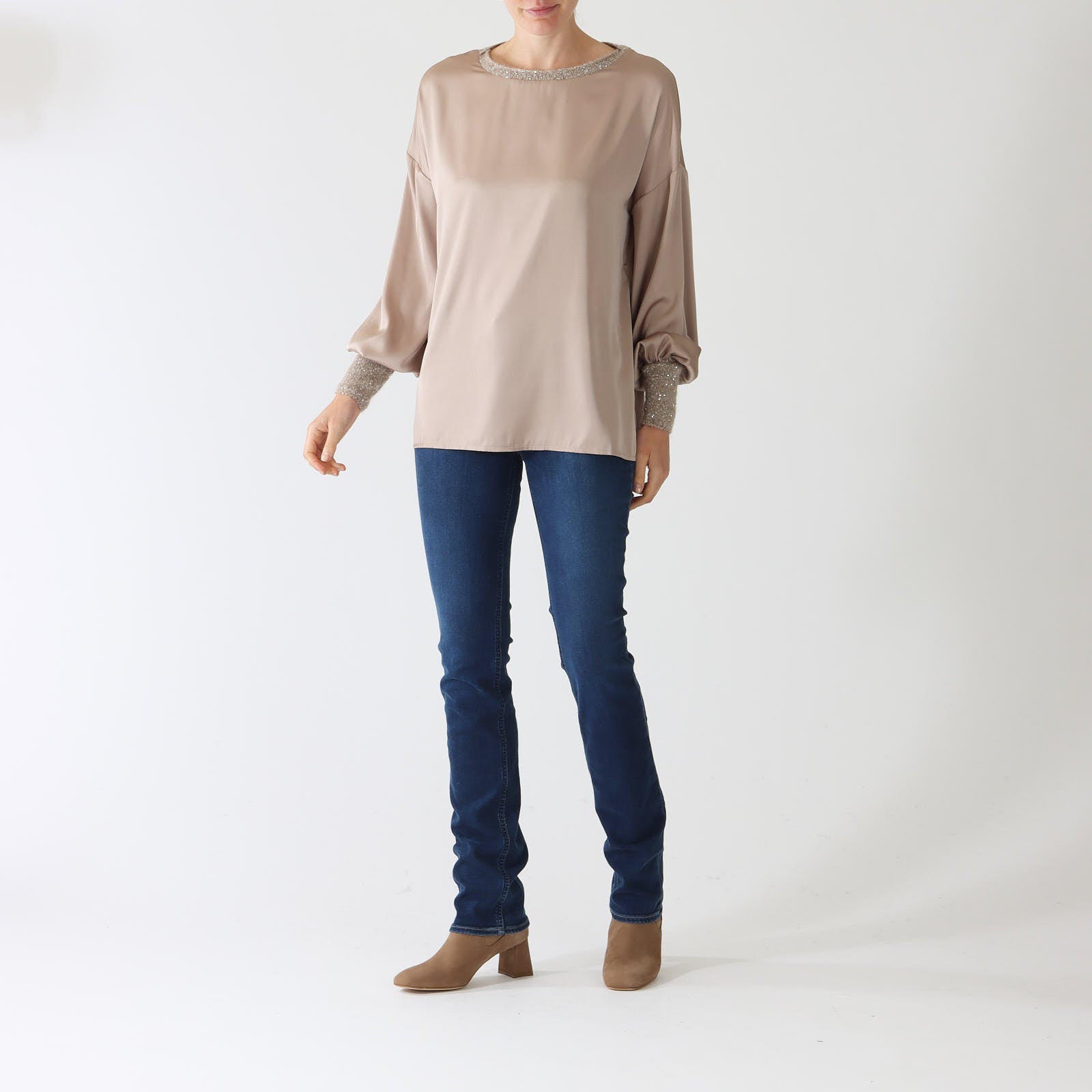 Nocciola Satin Top With Knit Lurex Accents