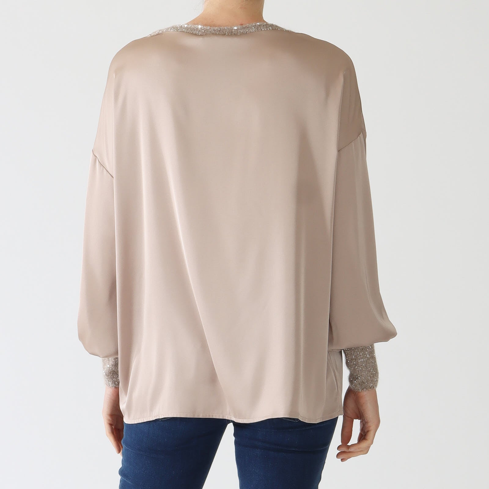 Nocciola Satin Top With Knit Lurex Accents