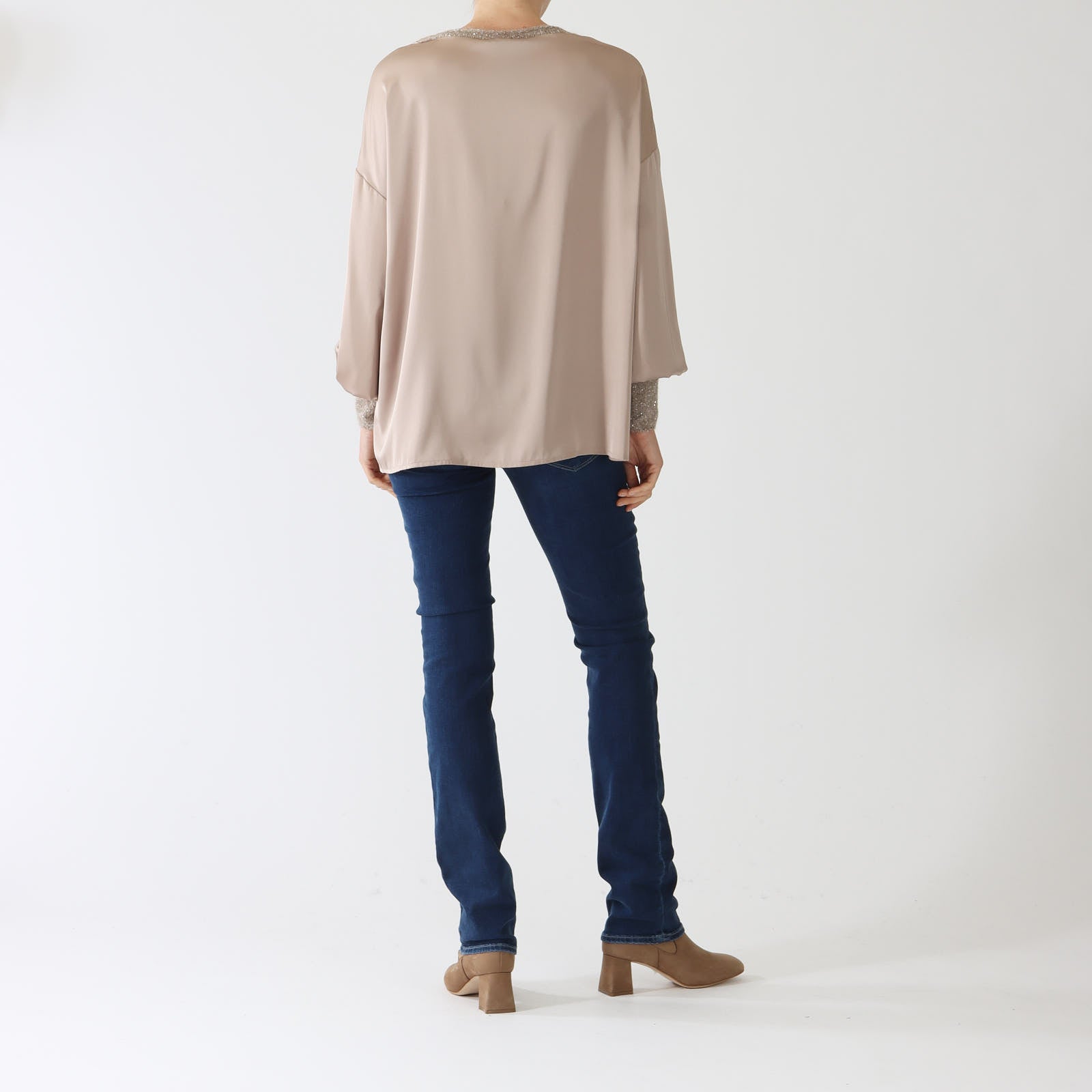 Nocciola Satin Top With Knit Lurex Accents