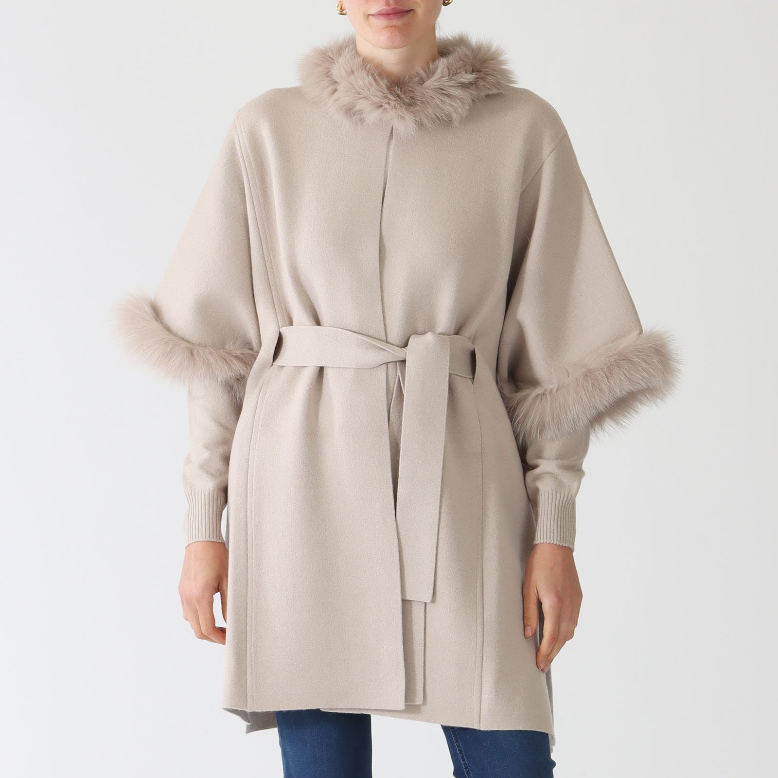 Nocciola Wool & Cashmere Fur Trim Knit Cape