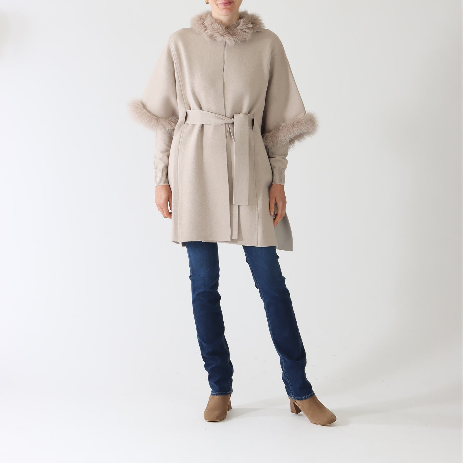 Nocciola Wool & Cashmere Fur Trim Knit Cape