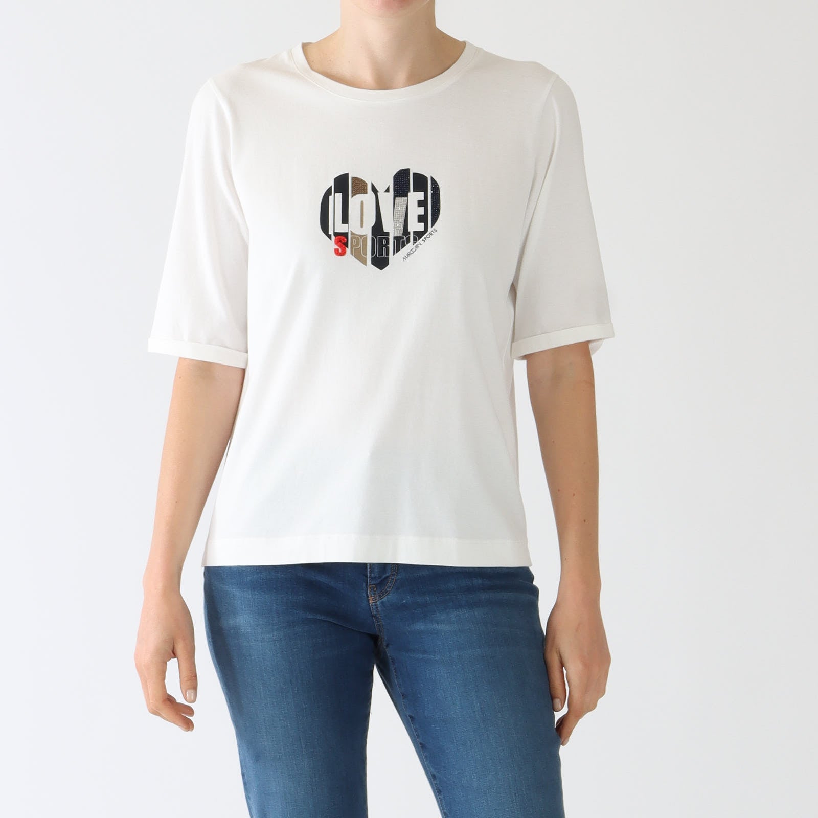 Off White Crytal Heart Motif Cotton T-Shirt