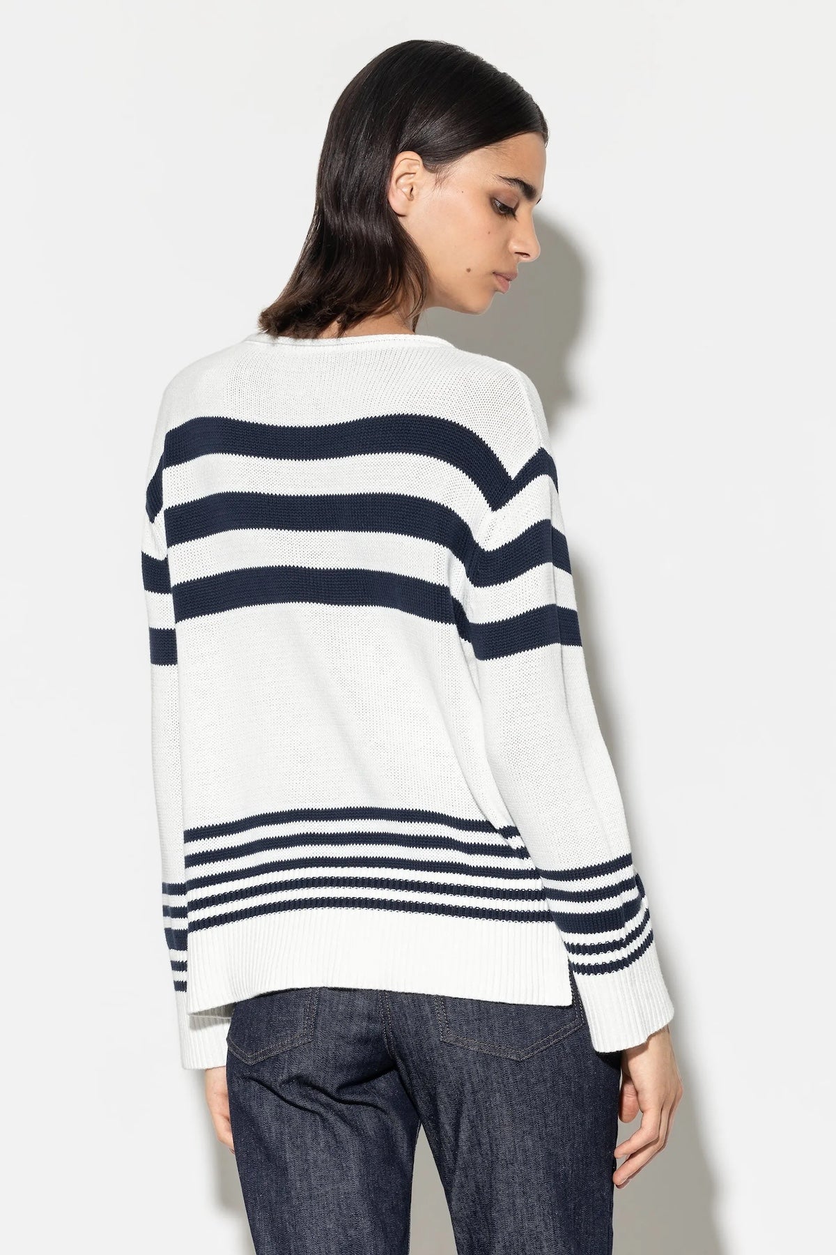 Off White & Dark Navy Striped Cotton Sweater