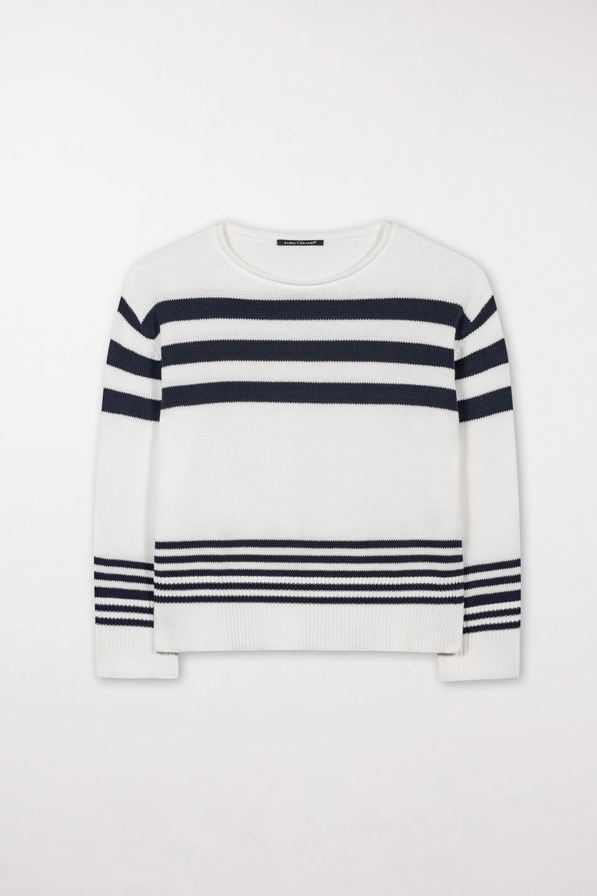 Off White & Dark Navy Striped Cotton Sweater