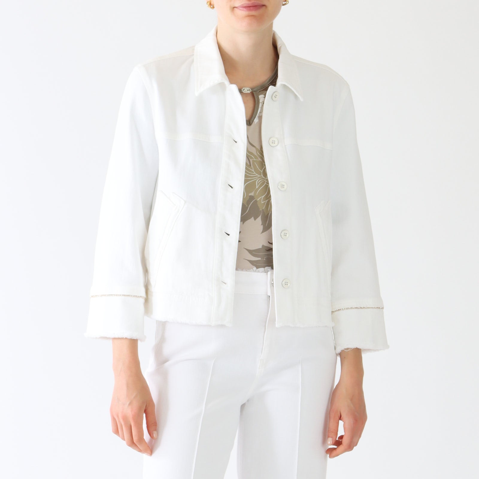 Off White Denim Jacket With Beaded Cuffs