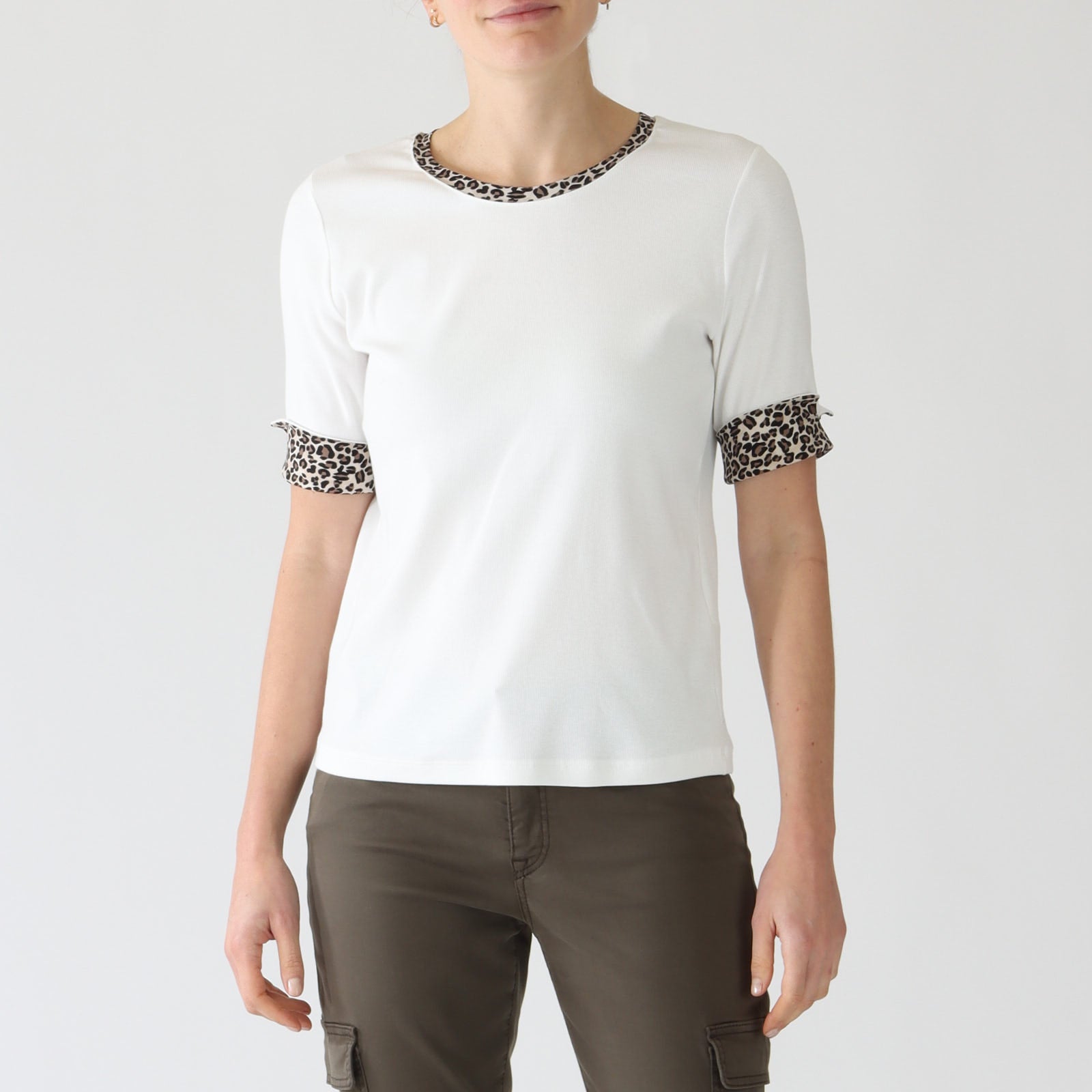 Off White Leopard Trim Stretch Cotton T-Shirt