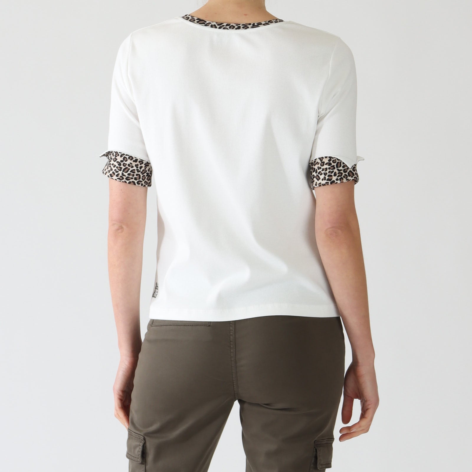 Off White Leopard Trim Stretch Cotton T-Shirt