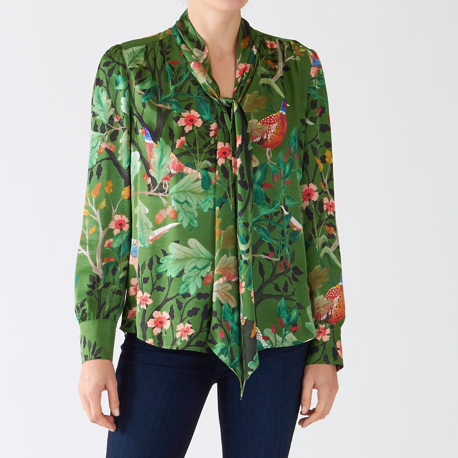 Orient Green Floral Pussy Bow Blouse