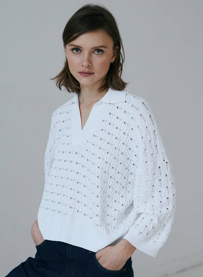 White Boxy Texture Stitch Johnny Collar Sweater