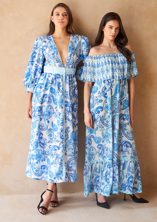 Paisley Azure Blossom Silk Maxi Dress