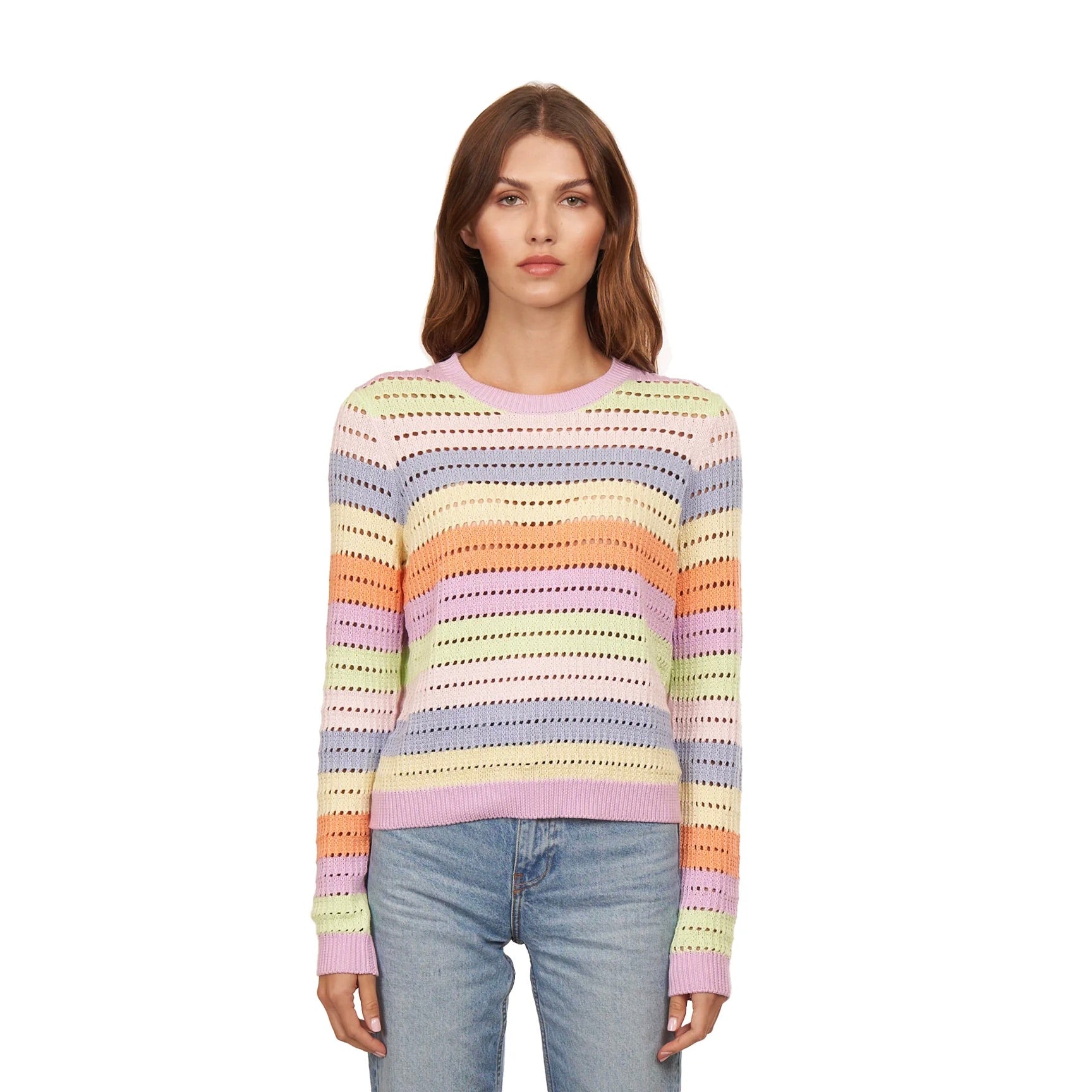 Pastel Rainbow Pointelle Stripe Cotton Sweater