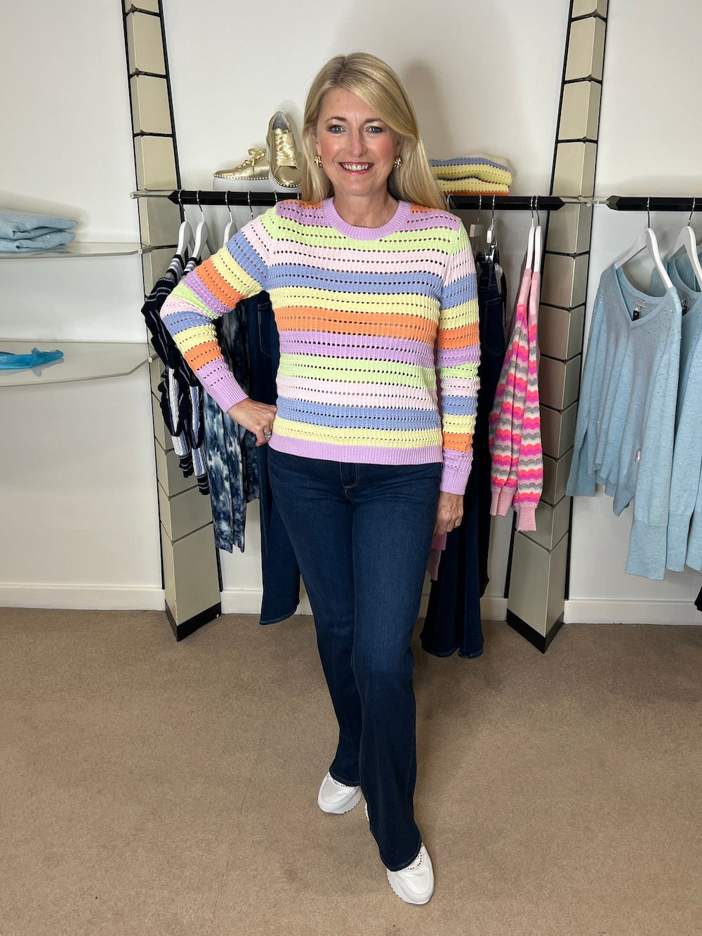 Pastel Rainbow Pointelle Stripe Cotton Sweater