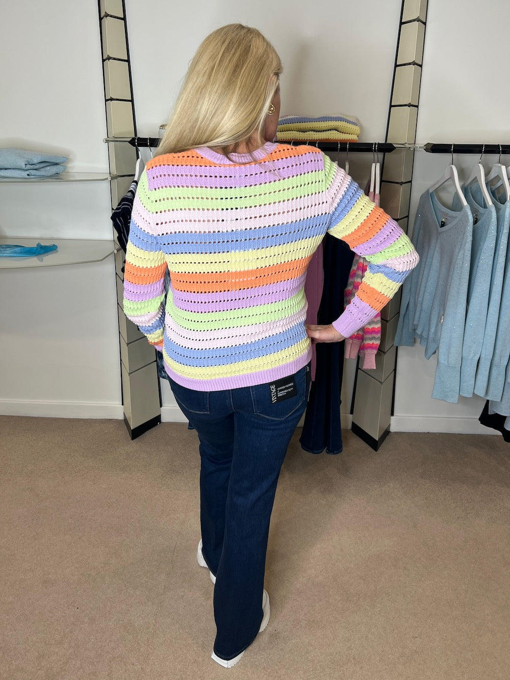 Pastel Rainbow Pointelle Stripe Cotton Sweater