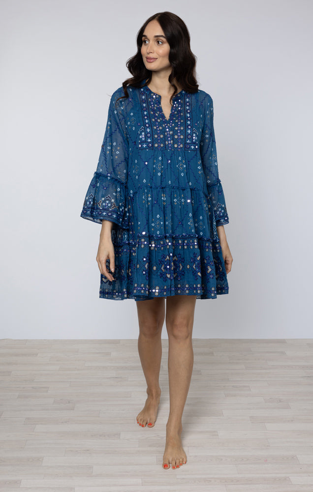 Peacock Mosaic Print Flared Sleeve Dress