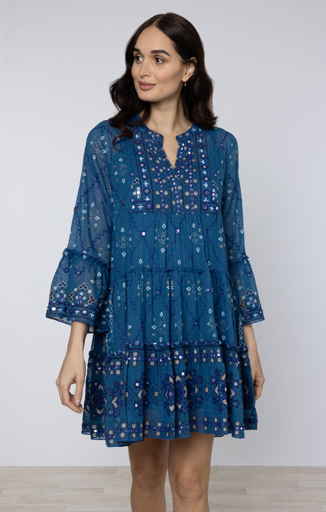 Peacock Mosaic Print Flared Sleeve Dress