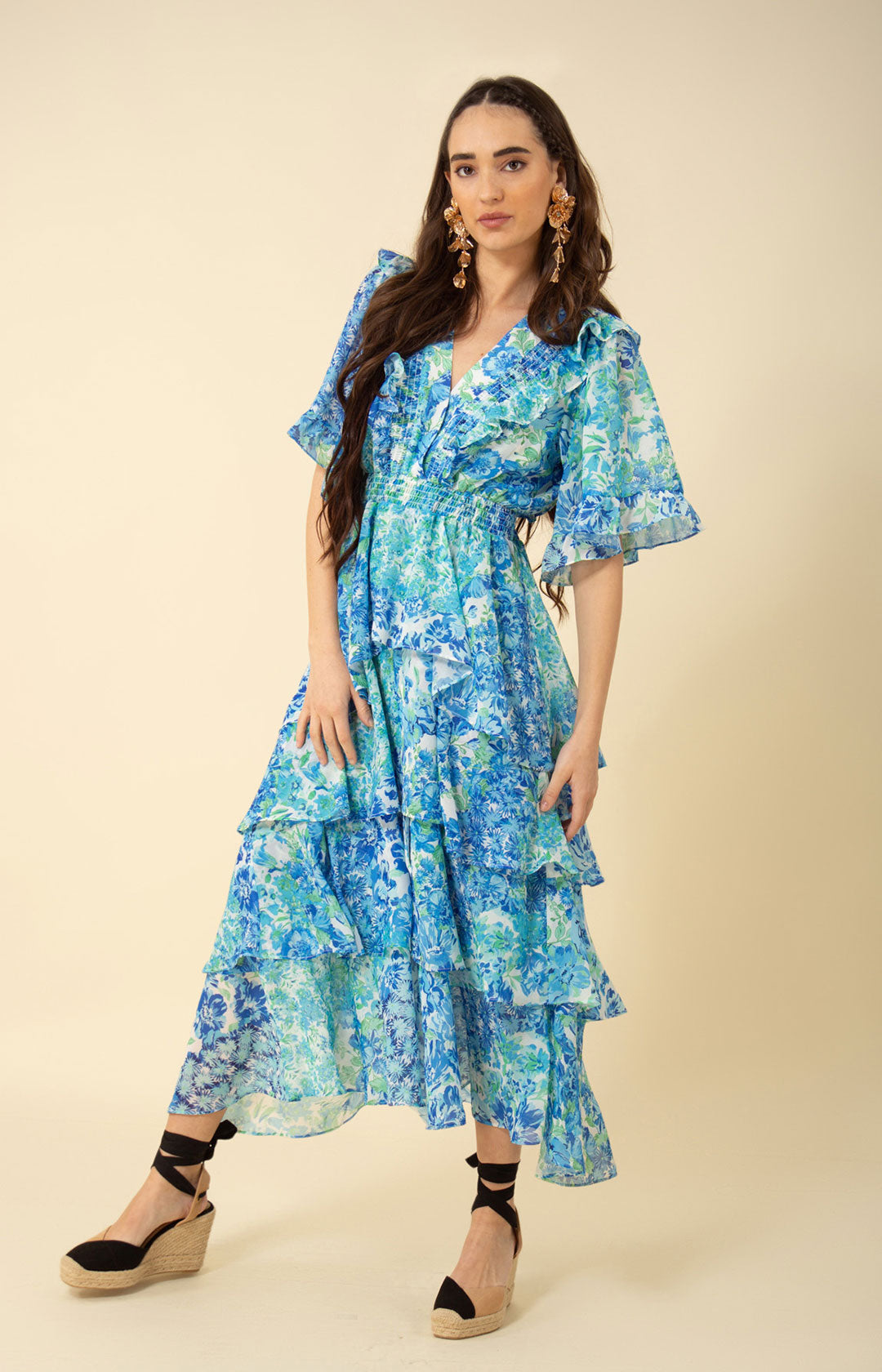 Peyton Blue Floral Print Tiered Midi Dress