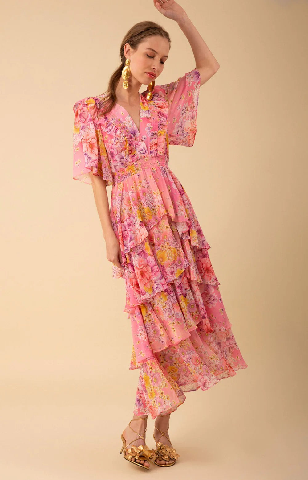 Pink Freya Floral Print Tiered Midi Dress