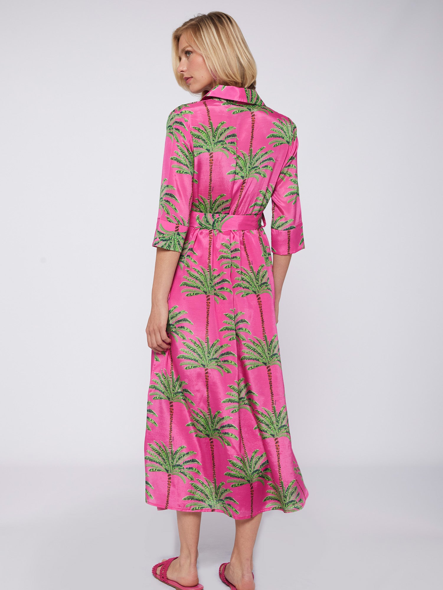 Pink Palm Tree Print Midi Shirt Dress