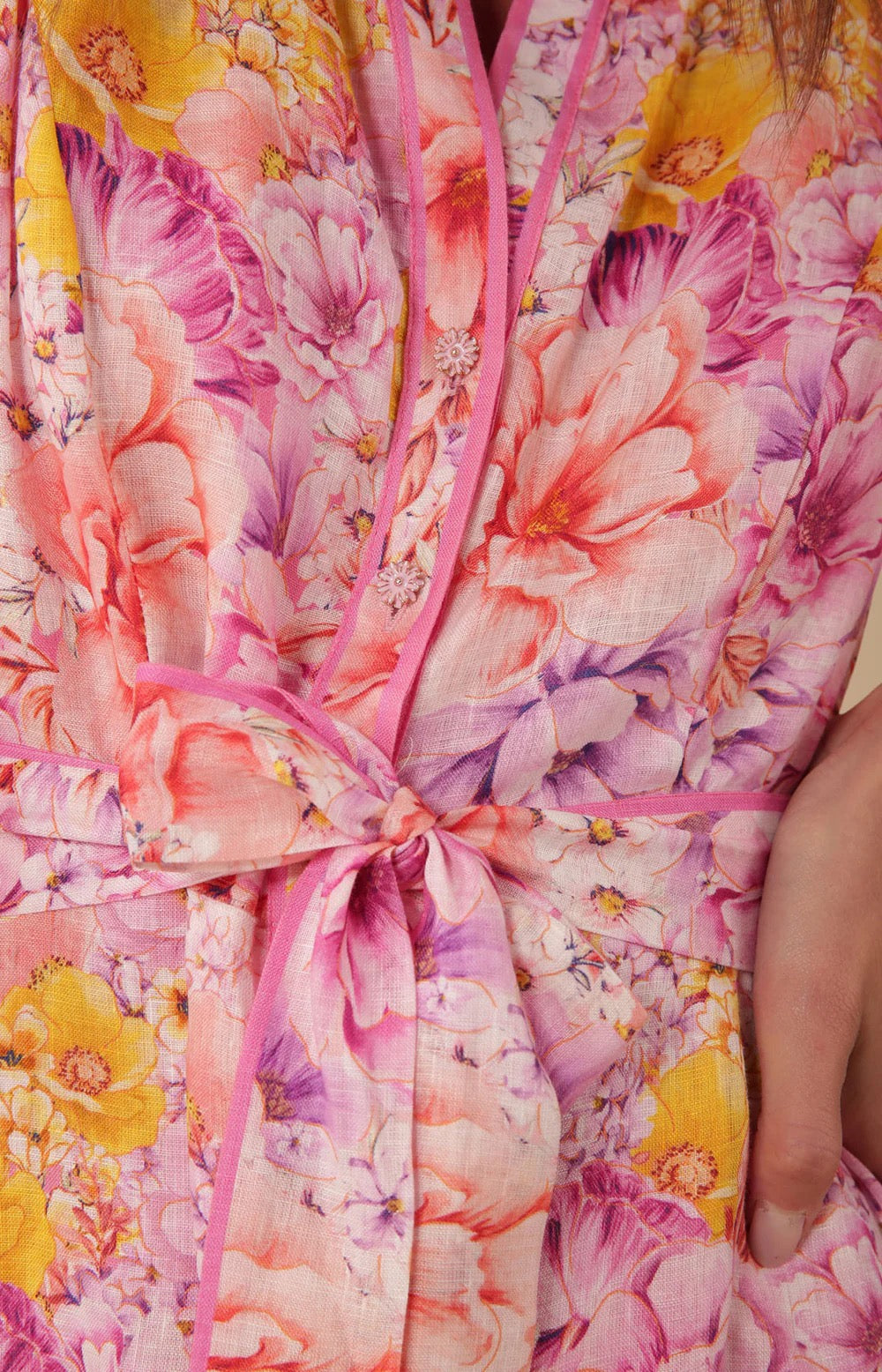 Pink Valerie Floral Print Linen Maxi Shirt Dress