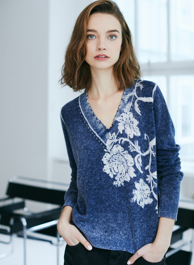 Navy Blue Combo Inked Floral Cashmere Sweater
