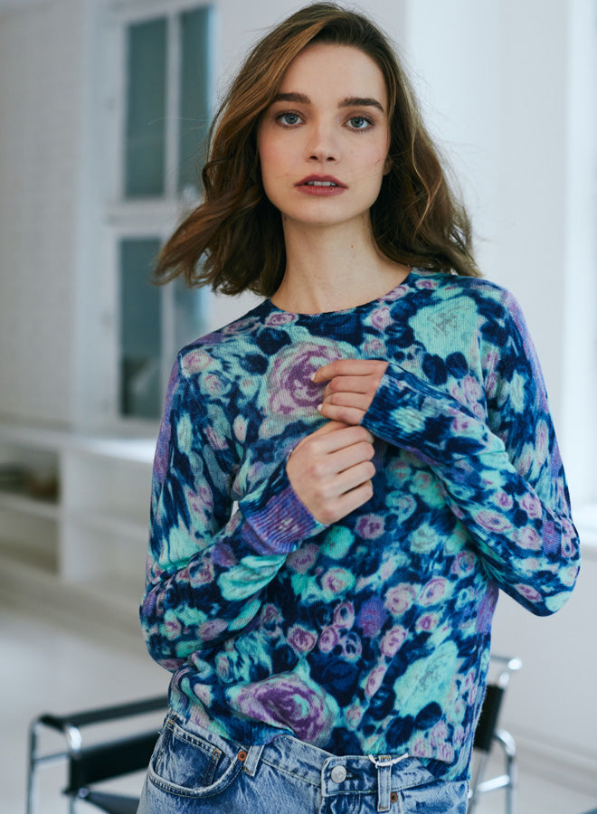Blue Combo Floral Print Cashmere Sweater