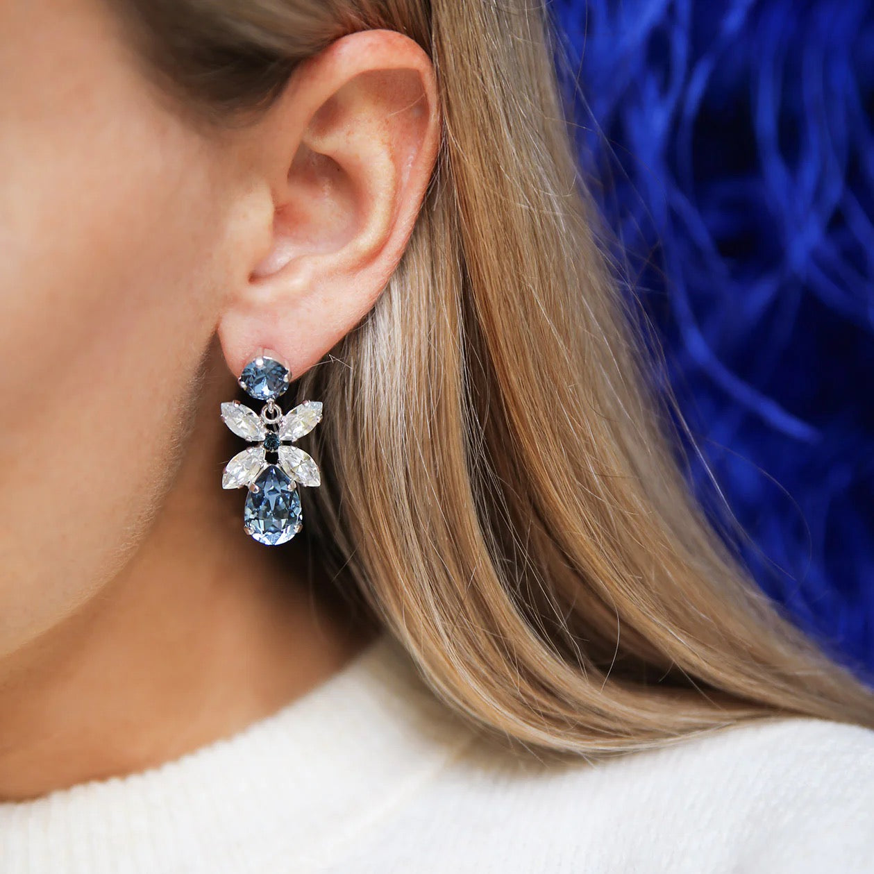 Rhodium Mini Dione Blue Denim Crystal Earrings