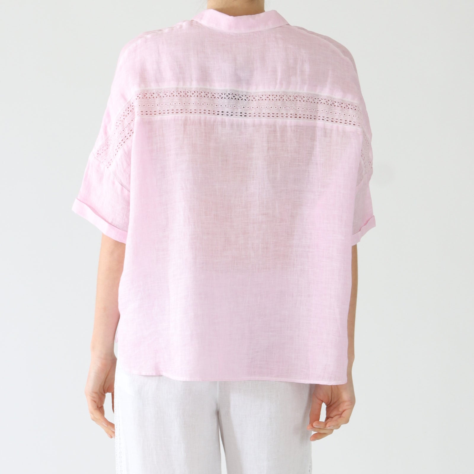 Rose Quartz Linen Shirt With Lace Yoke