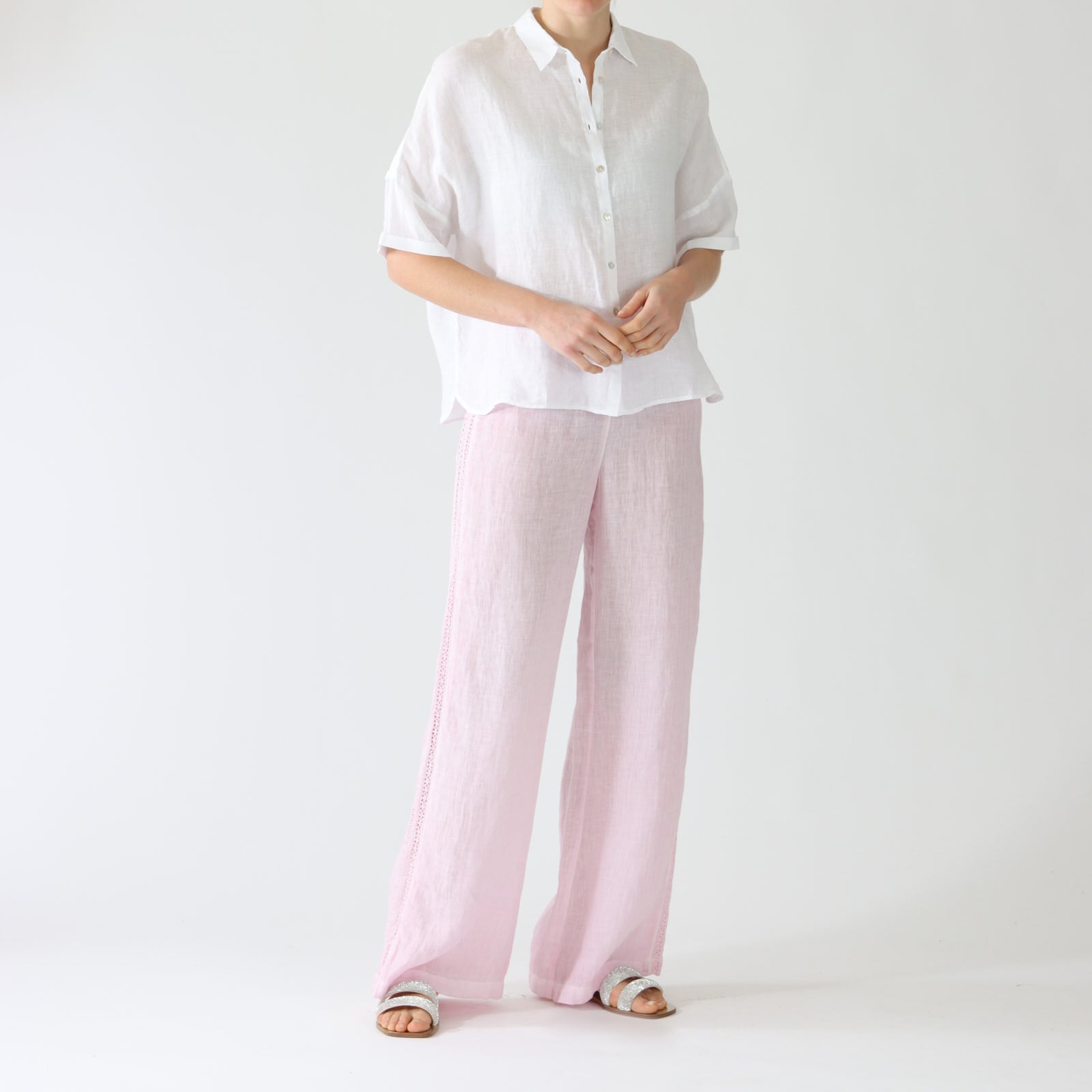 Rose Quartz Wide Leg Linen Pants With Lace Trim